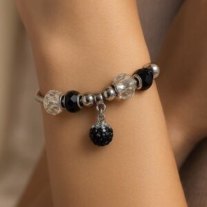 Dazzling Designs Bracelet Glass beads chain 8” long Black Clear Silver beads